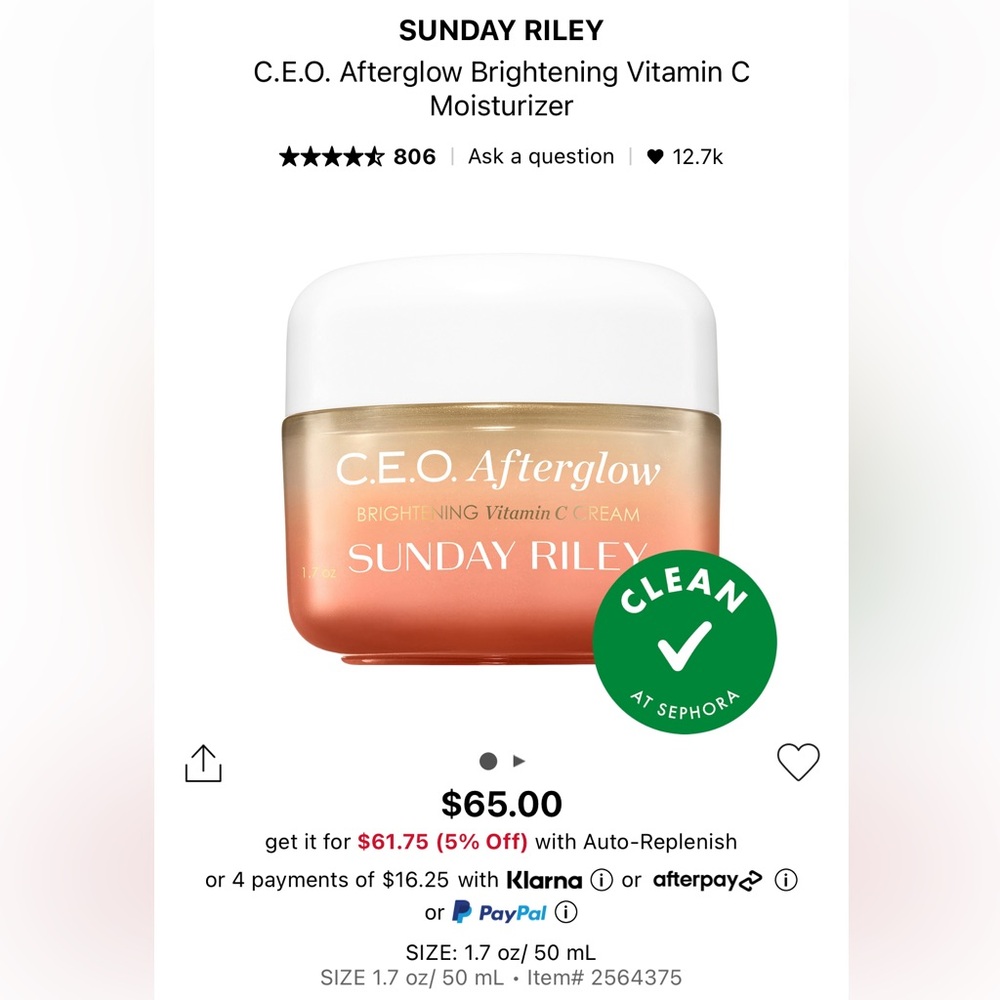 New in Box Sunday Riley C.E.O. Afterglow Brightening Vitamin C Moisturizer